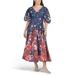DALIA MACPHEE Navy Puff Sleeve Cascading Floral Maxi Dress With Belt